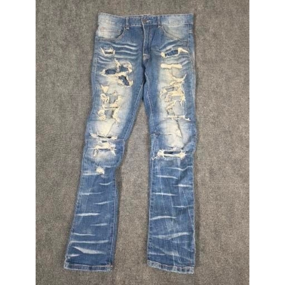 Grindhouse Denim Mens 32x31 Distressed Ripped Light Wash Slim‎ Fit Blue Jeans